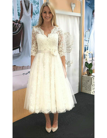 Elegantly V-Neck Tea Length Lace Wedding Dresses with Half Sleeves