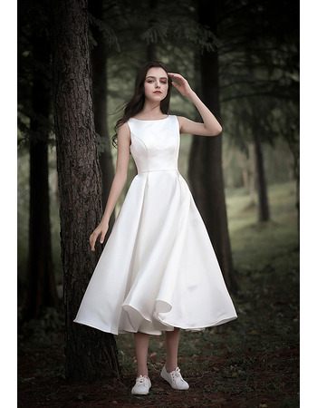 Simple Scoop Neckline Tea-length Satin Summer Wedding Dresses