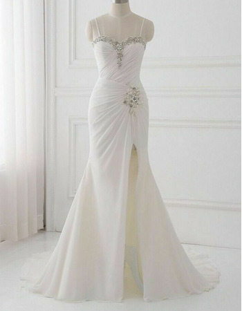 Shimmering and Dazzling Beading Crystal Embellished Chiffon Beach Wedding Dress with Slit Skirt