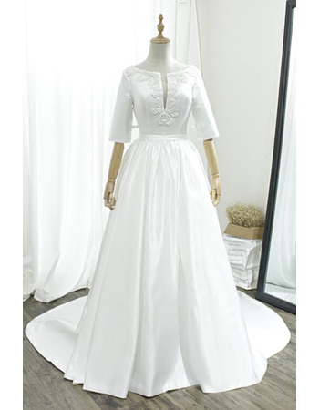 Elegant Pearl Embellished Court Train Satin Wedding Dress with Half Sleeves and Stunning V-back