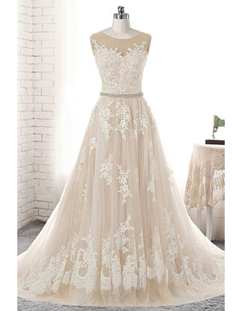 Elegant Court Train Floral Appliques Tulle Wedding Dress with Bejeweled Belt and Illusion Back