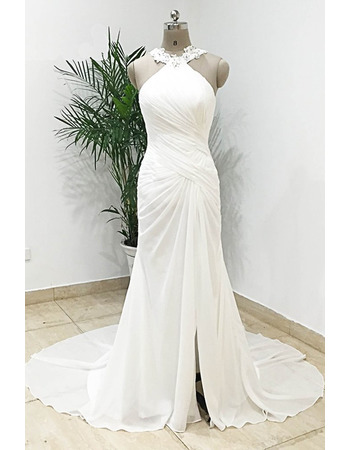 Simple Ruched Bodice Court Train Chiffon Beach Wedding Dress with Slit Front Skirt