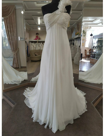 Elegance One Shoulder Flower Strap Pleated Beach Chiffon Wedding Dress