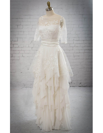 Romantic A-line Appliques Tulle Chiffon Wedding Dress with Half Sleeves and Layered Skirt