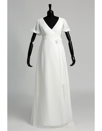 Simple V-neck Chiffon Plus Size Wedding Dress with Short Sleeves and Sashes
