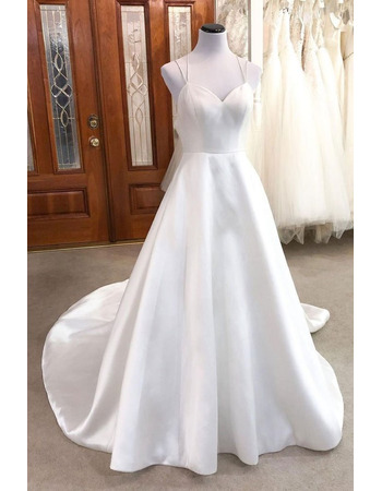 Concise Spaghetti Straps Court Train Satin Wedding Dress with Sexy Exposed Back 