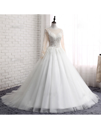 Glamorous Appliques Ball Gown Court Train Tulle Wedding Dress with Long Illusion Sleeves