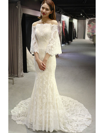 Wonderful Off-The-Shoulder Court Train Lace Wedding Dress with Half Flutter Sleeves