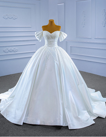 Gorgeous Crystal Beading Embellished Ball Gown Off-The-Shoulder Satin Wedding Dress