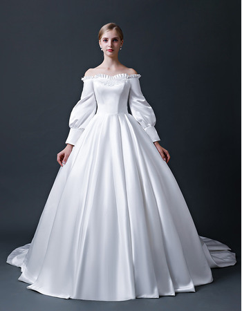 Elegance Ball Gown Ruffled Off-The-Shoulder Satin Wedding Dress with Long Bishop Sleeves