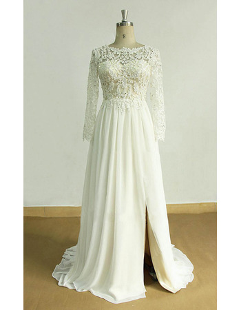 Winsome Beaded Appliques Bodice Chiffon Wedding Dress with Stunning V-back and Long Sleeves