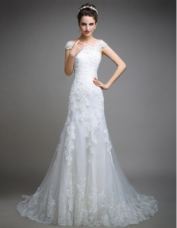 Affordable Beaded Appliques Tulle Wedding Dress with Cap Sleeves