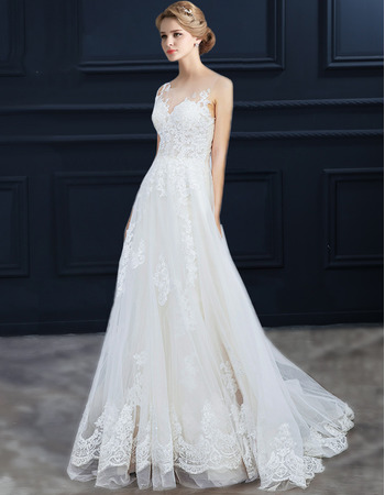 Inexpensive Floral Appliques Illusion Neckline Tulle Wedding Dress with Sexy Exposed Back