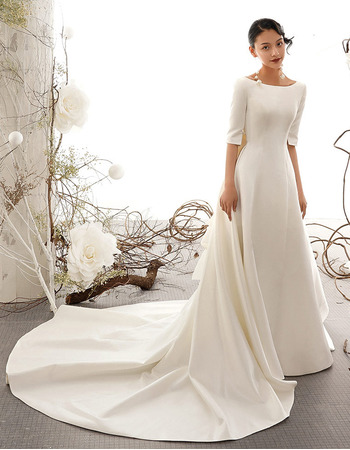 Classic A-Line Stunning V-back Satin Wedding Dresses with Half Sleeves