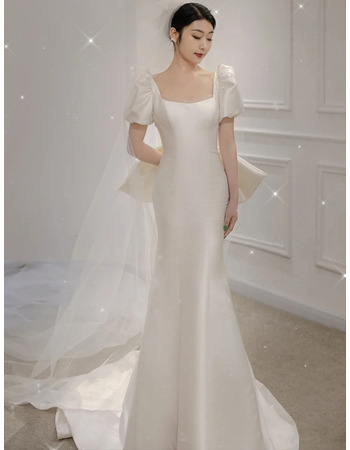 Modern Mermaid Satin Wedding Dresses with Short Puff Sleeves and Stunning Scooped Back
