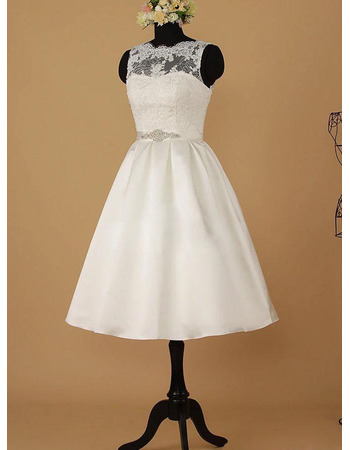 Affordable Short Knee-Length Satin Wedding Dress with Appliques Bodice