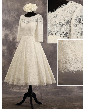 Romantic A-line Short Tea-Length Lace Wedding Dress with Half Sleeves