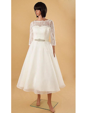 Inexpensive A-line Tea-Length Pleated Organza Skirt Wedding Dress with Half Sleeves