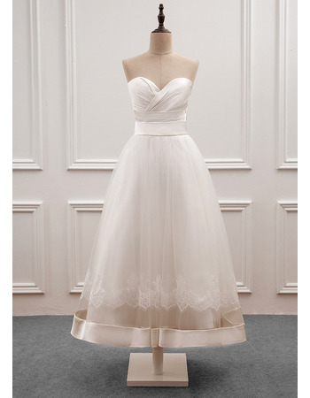 Classy Strapless A-line Tea-length Tulle Wedding Dress with Ruched Bodice