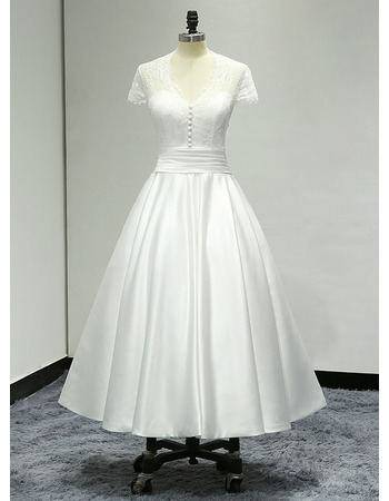 Pretty V-neckline Tea-length Lace Bodice Wedding Dress with Cap Sleeves