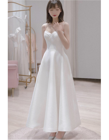Simple Classic Spaghetti Straps Ankle-length Satin Wedding Dress with Pockets