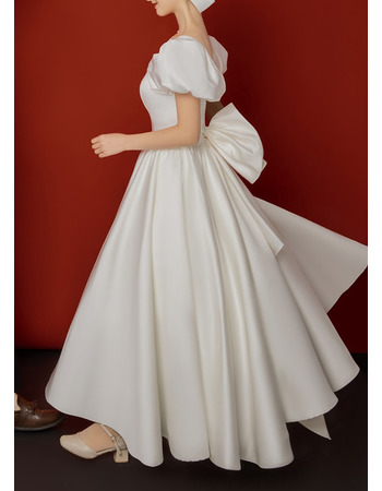 Pretty Ankle-length Satin Wedding Dress with Short Puff Sleeves and Slimming Basque Waistline