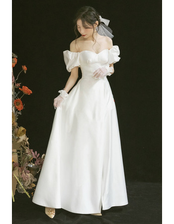 Beautiful Off-The-Shoulder Satin Wedding Dresses with Puff Sleeves and Split Front