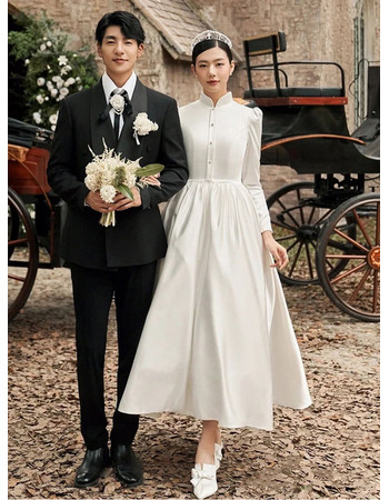 Ethereal High Neckline Tea-length Satin Wedding Dress with Long Sleeves