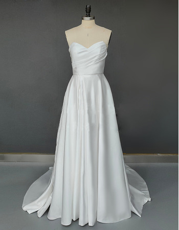 Simple Strapless Ruching Bodice Satin Wedding Dresses With Split Front