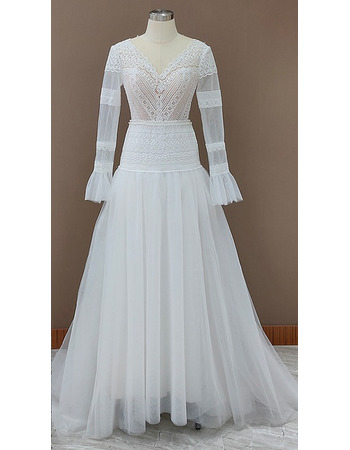 Attractive Appliques Tulle Boho Wedding Dresses with Long Bell Sleeves
