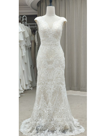 Beautiful V-Neckline Lace Boho Wedding Dresses with Cap Sleeves