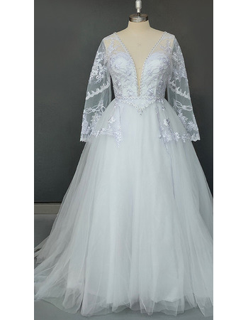 Plunging V-neckline Tulle Boho Plus Size Wedding Dresses with Long Sleeves