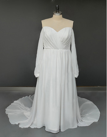 Affordable Off-the-shoulder Chiffon Plus Size Wedding Dresses With Long Sleeves
