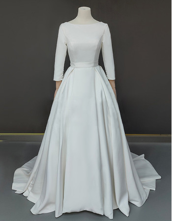 Plunging Scoop Back A-line Spring Satin Wedding Dresses with Three-quarter Sleeves