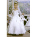 Ball Gown Appliques Off-The-Shoulder White Satin First Communion Dresses wtih Long Bell Sleeves