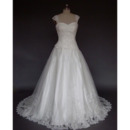 Elegant A-Line Sweetheart Satin Tulle Wedding Dress/ Wide Straps Court Train Lace-up Beaded Appliques Bridal Gowns