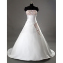Affordable A-Line Strapless Asymmetrical Waistline Court train Satin Wedding Dresses