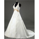 Classic Beaded Appliques A-Line Halter-neck Court Train Satin Wedding Dresses with Sash