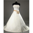 Elegance Strapless Court Train Satin Wedding Dress With Beaded Lace Appliques