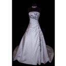 Exceptional A-Line Strapless Court Train Satin Wedding Dresses with Colored Embroider