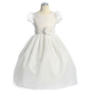 Pretty Ball Gown Organza Flower Girl Dress with Short Puff Sleeves and Hand-made Flowers
