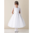 A-line Bateau Neckline Ankle Length White Tulle First Communion Dresses with Appliques