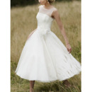 Elegant A-Line Bateau Tea Length Organza Wedding Dresses with 3D-flowers and Feather