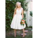 Custom Ball Gown V-Neck Short Lace Tea Length Wedding Dresses with Pleated Waist