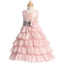 A-line Ankle Length Layered Little Girls Dresses with Floral Sash