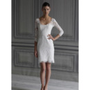 Elegant Short Sheath Square 3/4 Length Sleeves Lace Mini Reception Wedding Dresses