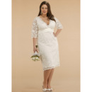 Empire V-Neck Tea Length Lace Satin Plus Size Embroidery Wedding Dresses with Half Sleeves