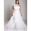 Elegant Empire A-Line One Shoulder Full Length Plus Size Lace Wedding Dresses with Beaded Waist
