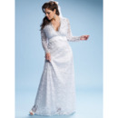 Empire Column/ Sheath V-Neck Floor Length Plus Size Lace Satin Garden Wedding Dress with Long Sleeves