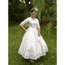 Custom A-Line V-Neck Tea Length Lace Garden Wedding Dresses with Half Sleeves